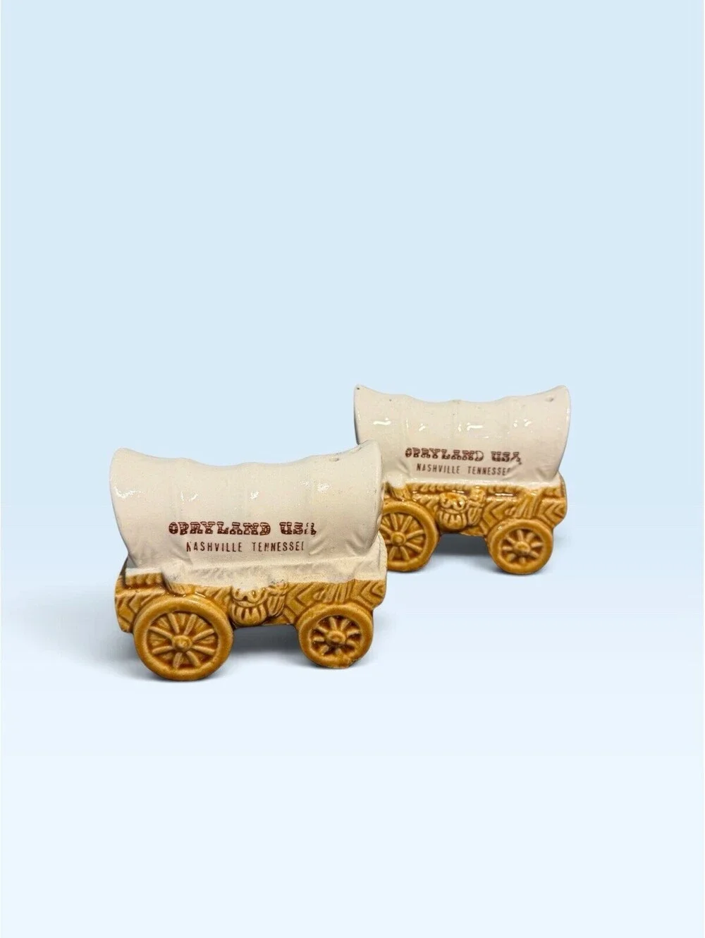 Vintage Opryland TN USA Ceramic Covered Wagons Salt and Pepper Shakers w/Plugs